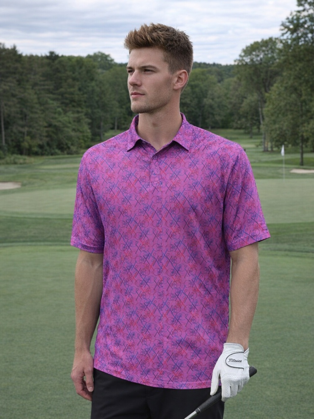 Robert Graham Pink and Purple Skull Patterned Golf Polo